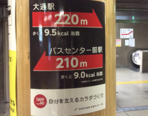 北海道札幌市の地下鉄大通駅とバスセンター前駅えおつなぐ地下通路の距離表示の写真