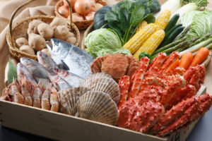 北海道産の魚介類や野菜の写真